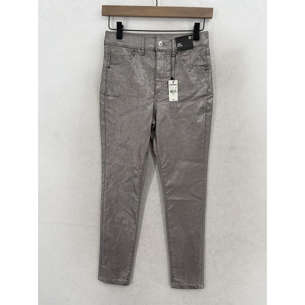 Express Skinny High Rise Jeans Womens 0 Short Silver Metallic Coated Stretch NWT